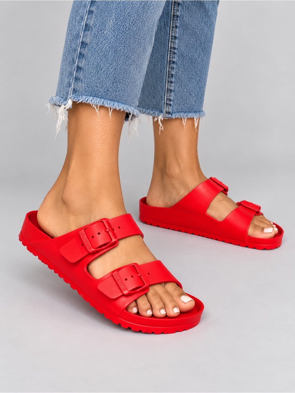 Ladies Birkenstock Bright Red Two-Buckle EVA Slide Sandals
